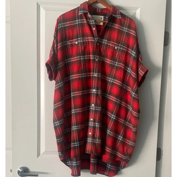 R13 Red Oversized Boxy Plaid Shirt Dress - Picture 1 of 5